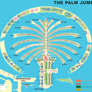 Palm Jumeirah Map by EasyMap.ae – A detailed illustrated map of Palm Jumeirah, Dubai, highlighting residential areas, hotels, shopping malls, visitor attractions, and key landmarks. This map provides a clear layout of The Trunk, Fronds, and Crescent, showcasing luxury residences, resorts, and entertainment hubs for easy navigation.