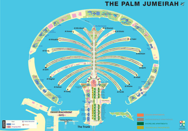 Palm Jumeirah Map by EasyMap.ae – A detailed illustrated map of Palm Jumeirah, Dubai, highlighting residential areas, hotels, shopping malls, visitor attractions, and key landmarks. This map provides a clear layout of The Trunk, Fronds, and Crescent, showcasing luxury residences, resorts, and entertainment hubs for easy navigation.