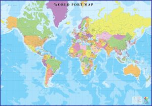 World Port Map by EasyMap.ae – A detailed global map highlighting major ports across continents. The map is color-coded by country, featuring key maritime hubs to assist logistics, shipping, and cargo industries in route planning and navigation.